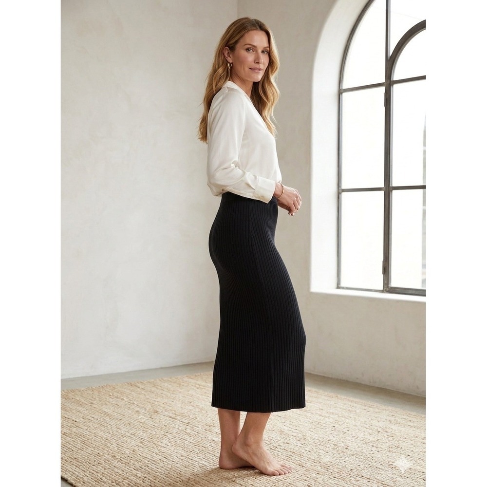 Reiss Iona Black Ribbed Knit Midi Skirt Size Medium Pleated Elastic Waist